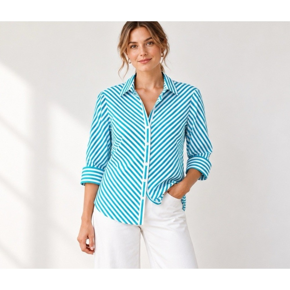 Chicos Dress Shirt Size 10 White Turquoise Striped Button Up Preppy Coastal